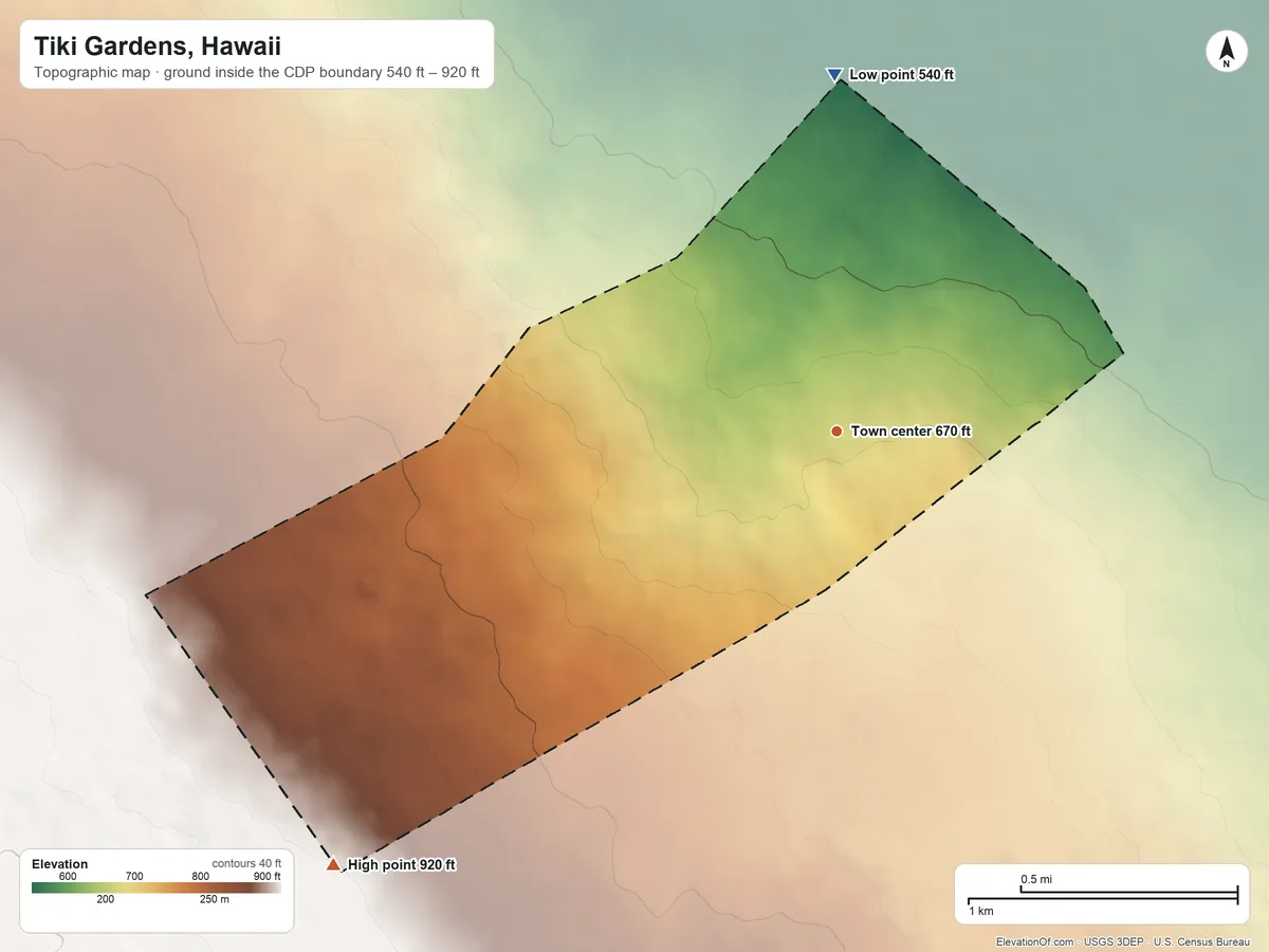 Topographic elevation map of Tiki Gardens, Hawaii, shaded from 540 ft on the north side to 920 ft on the southwest side