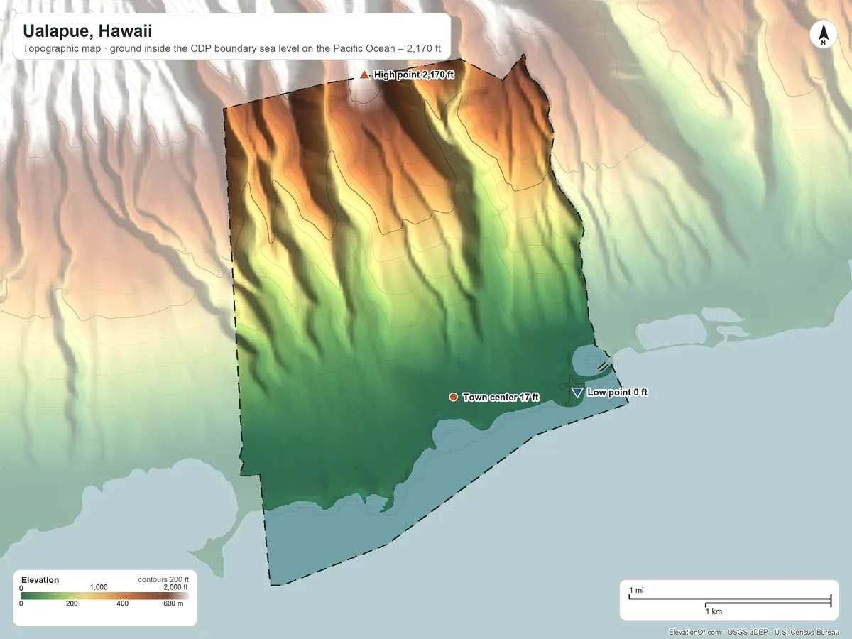 Topographic elevation map of Ualapue, Hawaii, shaded from sea level level on the Pacific Ocean to 2,170 ft on the north edge, below higher ground just outside