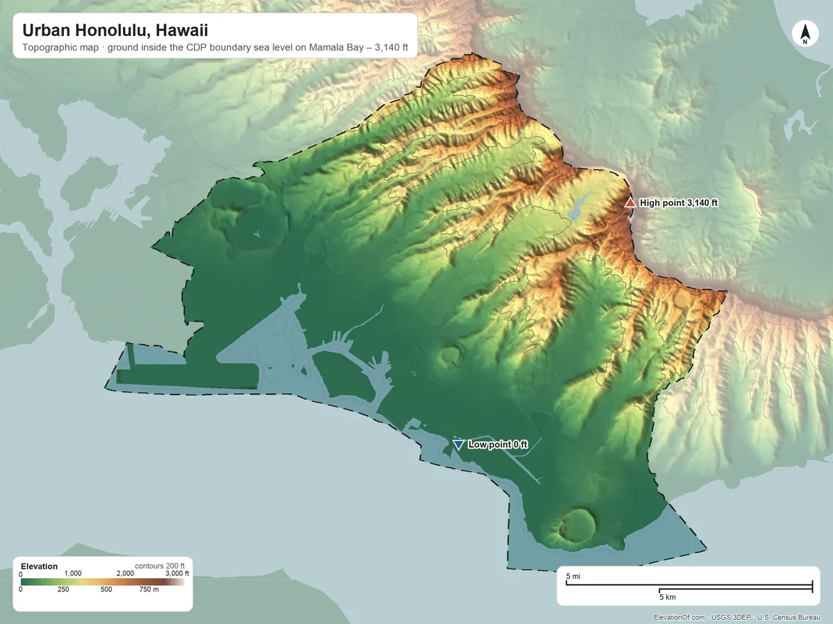 Topographic elevation map of Urban Honolulu, Hawaii, shaded from sea level level on Mamala Bay to 3,140 ft on Kōnāhuanui
