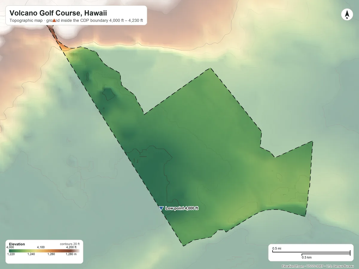 Topographic elevation map of Volcano Golf Course, Hawaii, shaded from 4,000 ft on the south side to 4,230 ft at the foot of the Kamakaiʻa Hills