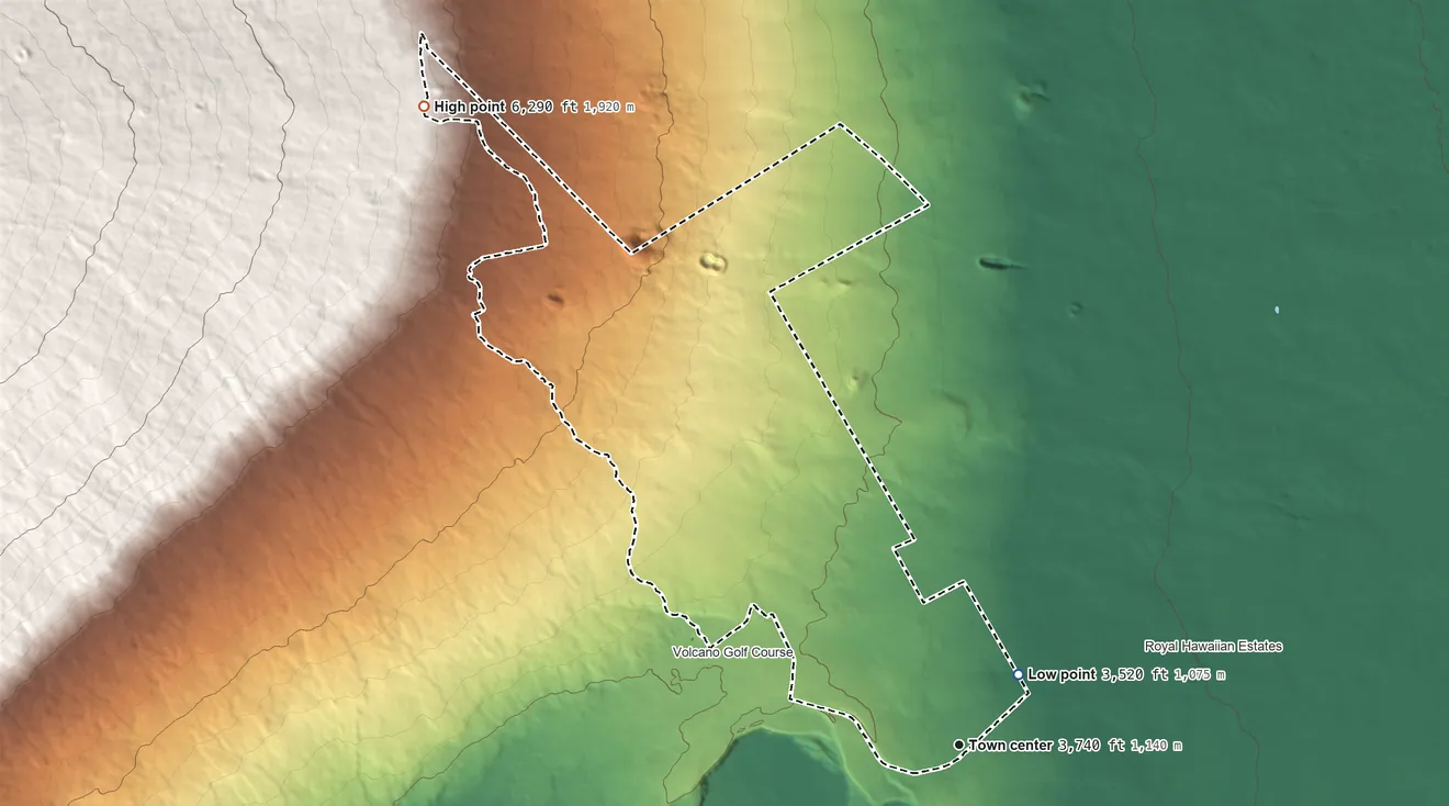Topographic elevation map of Volcano, Hawaii, shaded from 3,520 ft near the middle to 6,290 ft on the northwest edge, below higher ground just outside