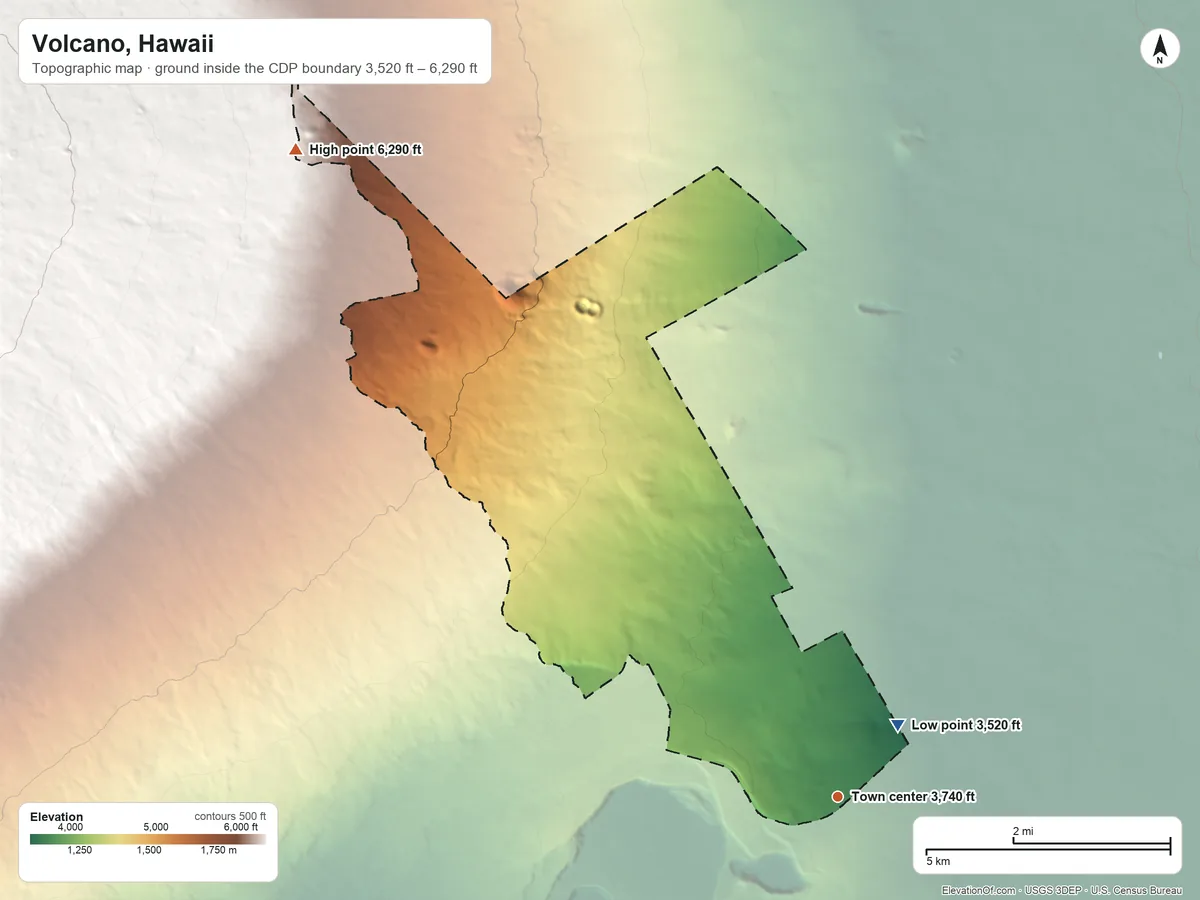 Topographic elevation map of Volcano, Hawaii, shaded from 3,520 ft near the middle to 6,290 ft on the northwest edge, below higher ground just outside