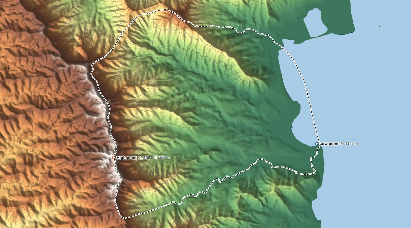 Topographic elevation map of Waiahole-Waikane, Hawaii, shaded from sea level level on Kaneohe Bay to 2,700 ft on the west side