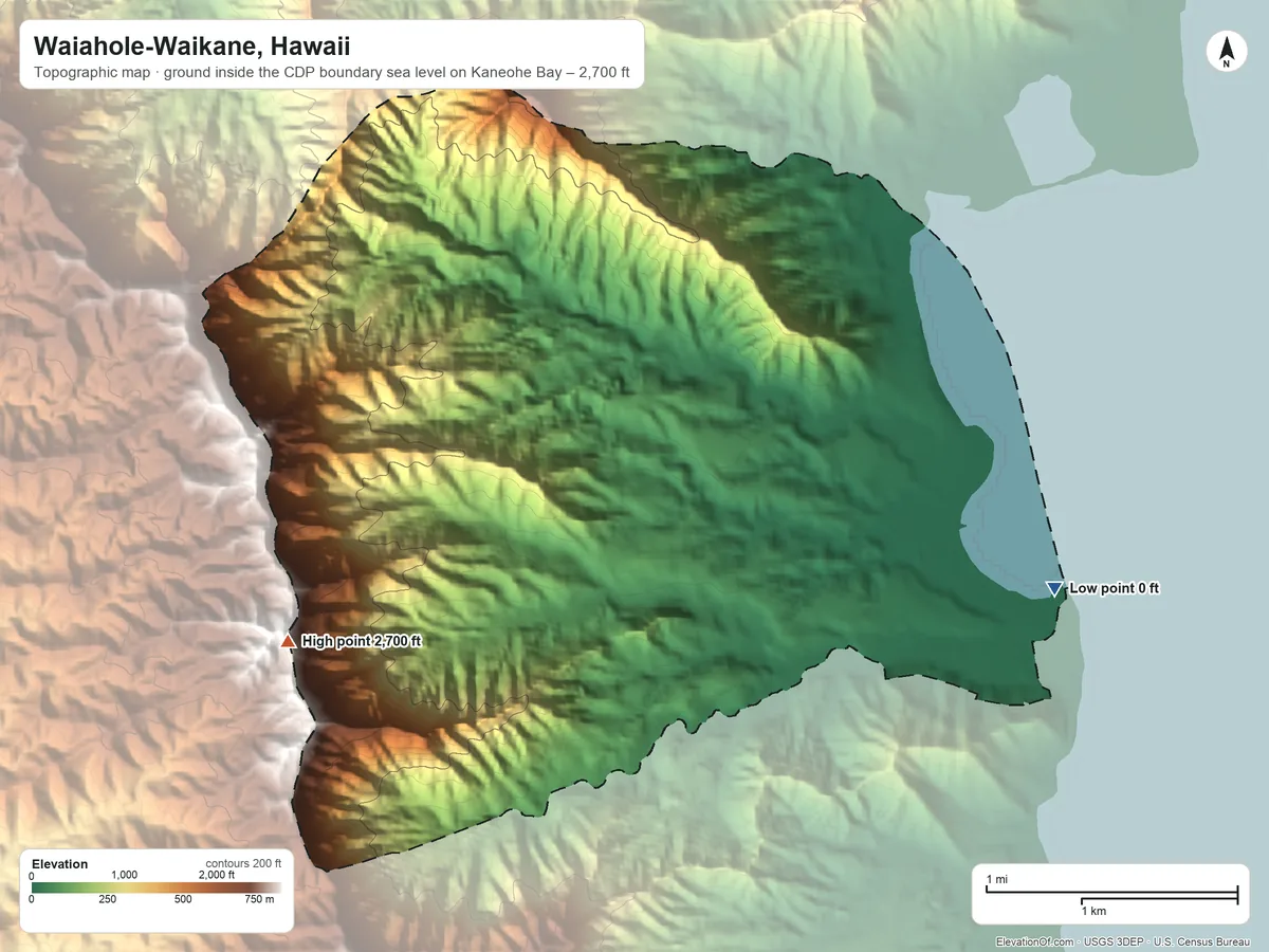 Topographic elevation map of Waiahole-Waikane, Hawaii, shaded from sea level level on Kaneohe Bay to 2,700 ft on the west side