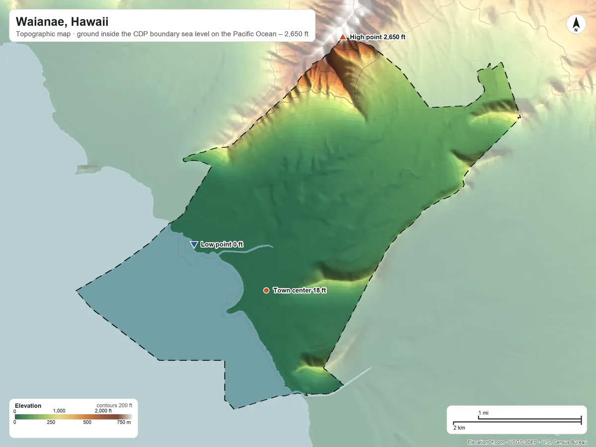 Topographic elevation map of Waianae, Hawaii, shaded from sea level level on the Pacific Ocean to 2,650 ft at the foot of the Waiʻanae Range