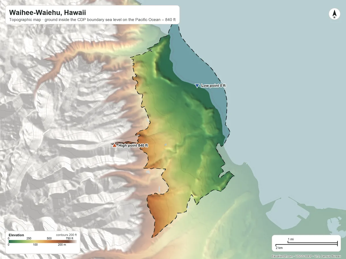 Topographic elevation map of Waihee-Waiehu, Hawaii, shaded from sea level level on the Pacific Ocean to 840 ft on the west edge, below higher ground just outside