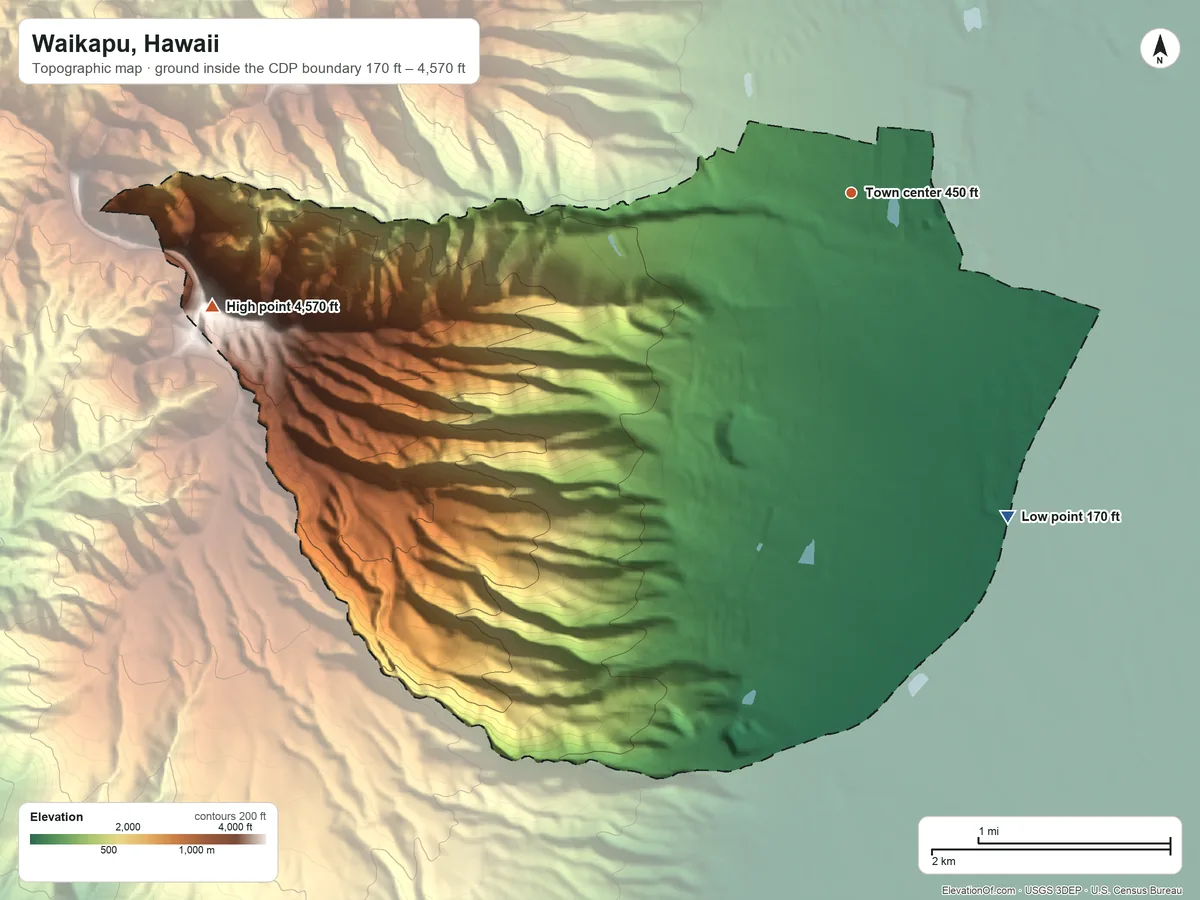 Topographic elevation map of Waikapu, Hawaii, shaded from 170 ft on the southeast side to 4,570 ft on Hanaʻula