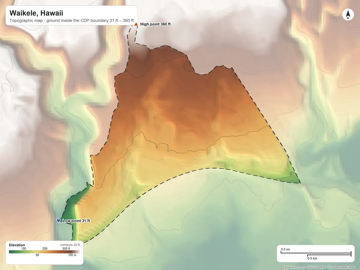 Topographic elevation map of Waikele, Hawaii, shaded from 31 ft on the southwest side to 360 ft on the northwest side