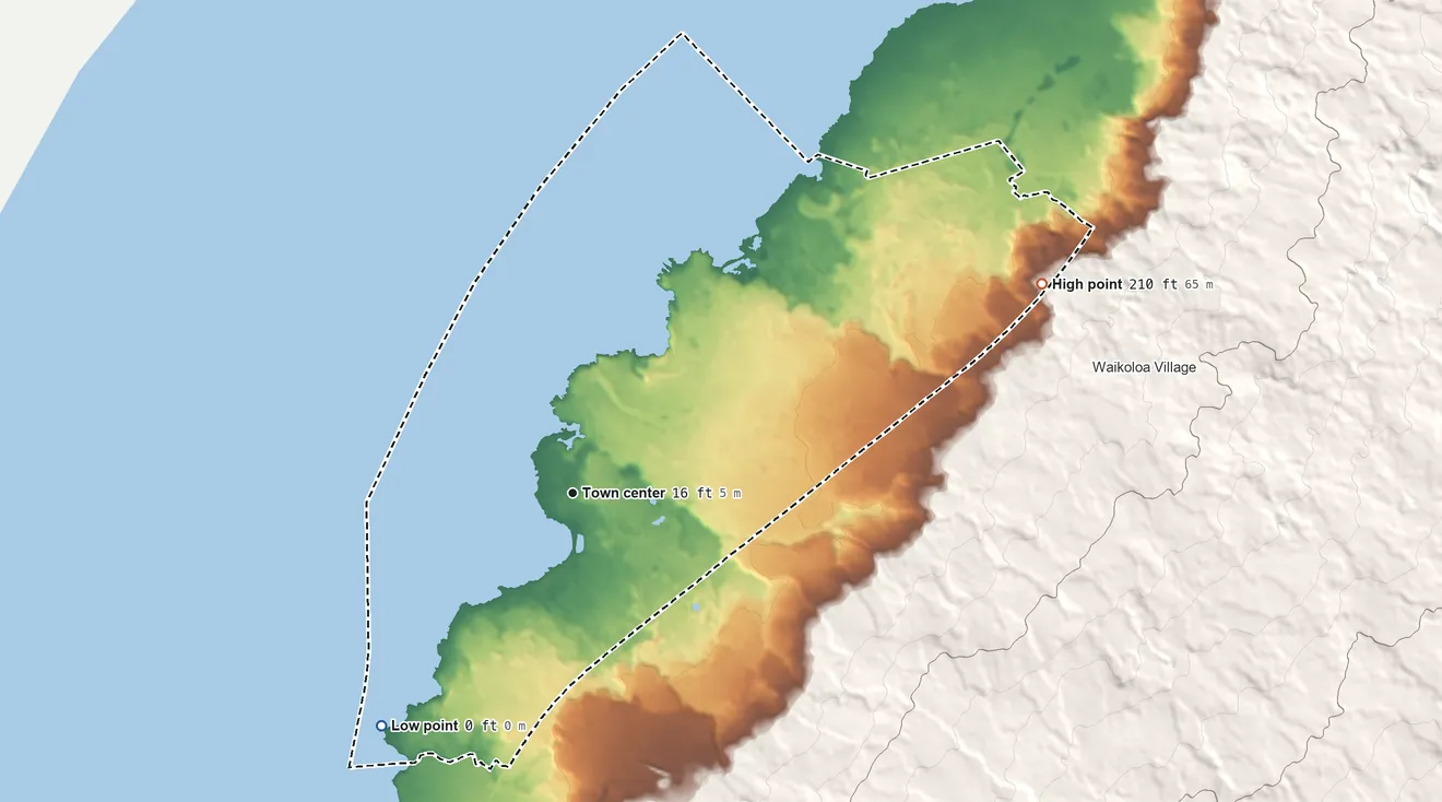 Topographic elevation map of Waikoloa Beach Resort, Hawaii, shaded from sea level level on the Pacific Ocean to 210 ft at the foot of the Kohala Mountains