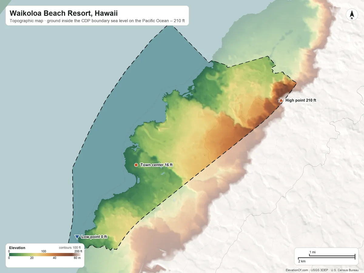 Topographic elevation map of Waikoloa Beach Resort, Hawaii, shaded from sea level level on the Pacific Ocean to 210 ft at the foot of the Kohala Mountains