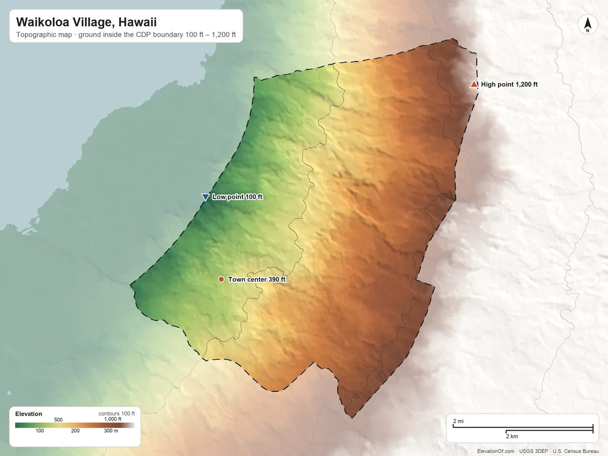 Topographic elevation map of Waikoloa Village, Hawaii, shaded from 100 ft on the north side to 1,200 ft at the foot of the Kohala Mountains