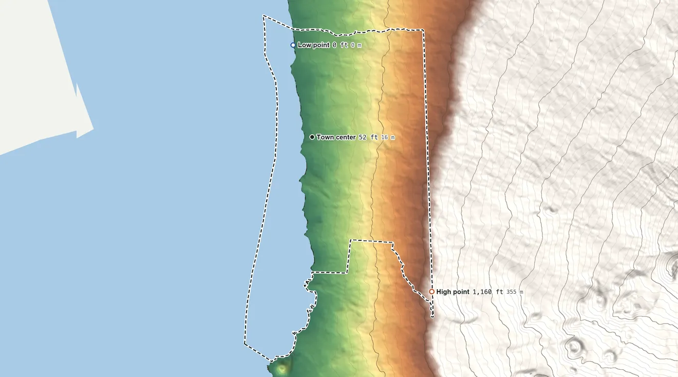 Topographic elevation map of Wailea, Hawaii, shaded from sea level level on the Pacific Ocean to 1,160 ft at the foot of the Lualaʻilua Hills