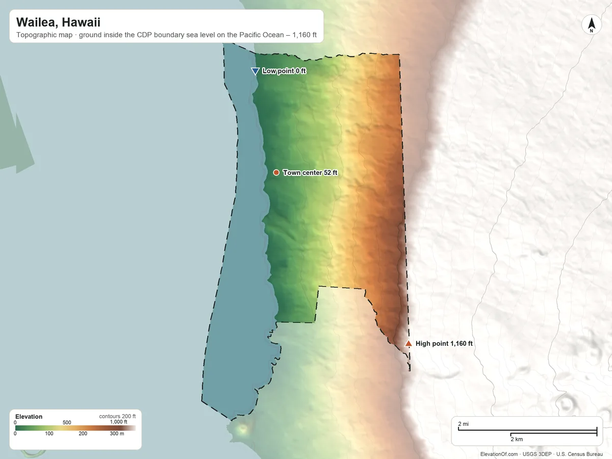 Topographic elevation map of Wailea, Hawaii, shaded from sea level level on the Pacific Ocean to 1,160 ft at the foot of the Lualaʻilua Hills