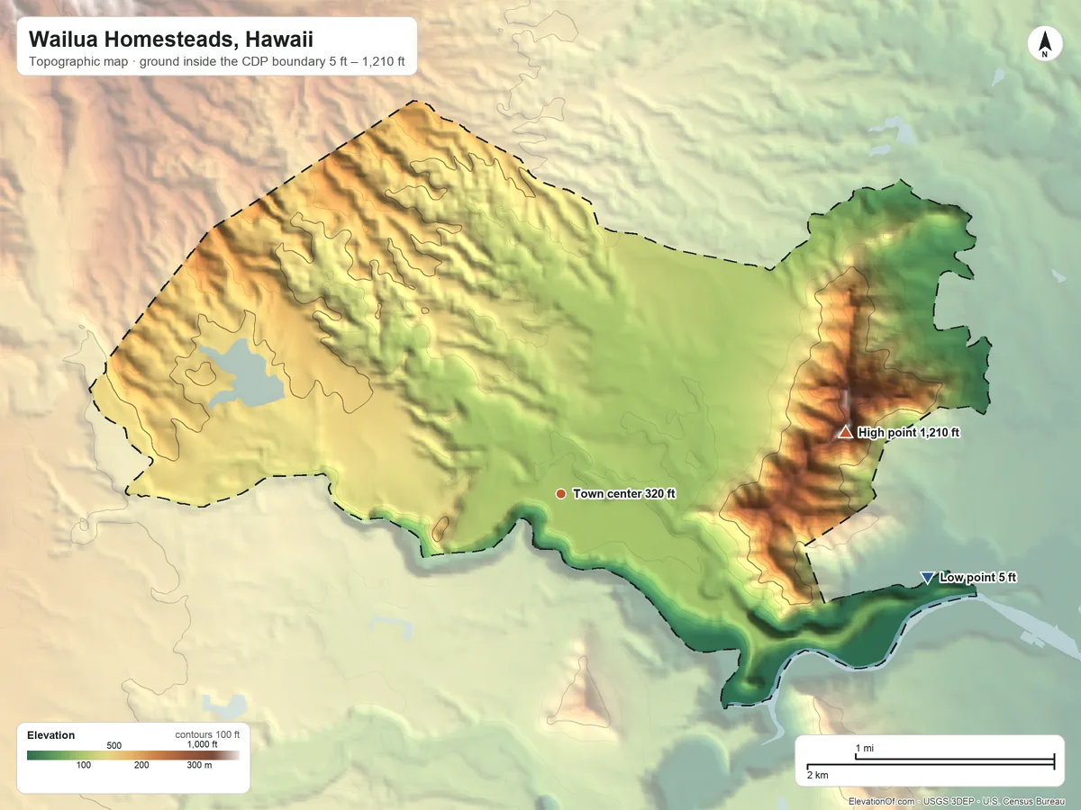 Topographic elevation map of Wailua Homesteads, Hawaii, shaded from 5 ft on the east side to 1,210 ft on Nounou Mountain