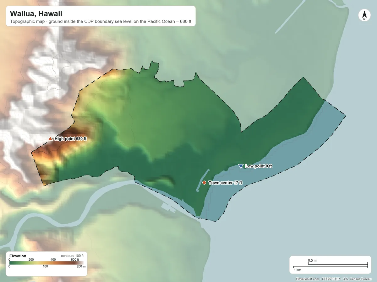 Topographic elevation map of Wailua, Hawaii, shaded from sea level level on the Pacific Ocean to 680 ft at the foot of the Makaleha Mountains