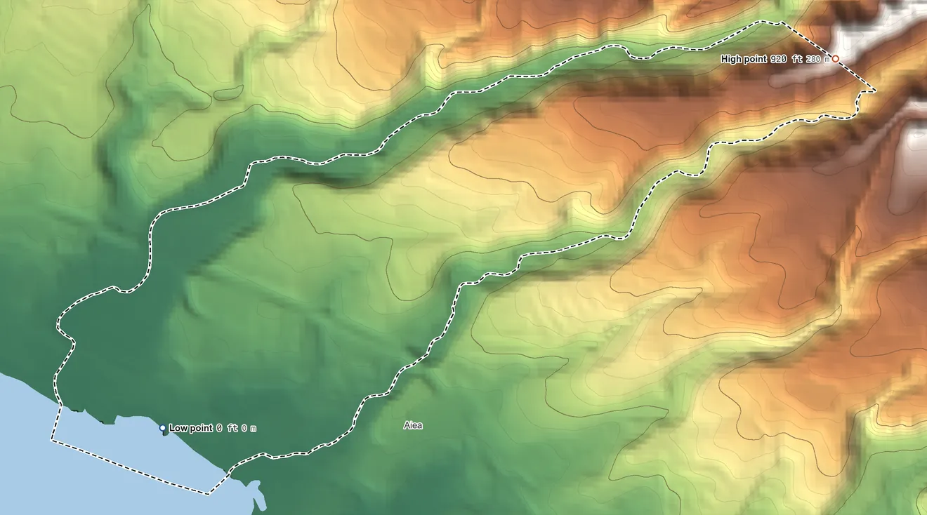 Topographic elevation map of Waimalu, Hawaii, shaded from sea level level on East Loch Pearl Harbor to 920 ft at the foot of the Koʻolau Range