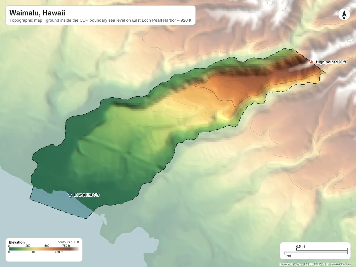 Topographic elevation map of Waimalu, Hawaii, shaded from sea level level on East Loch Pearl Harbor to 920 ft at the foot of the Koʻolau Range