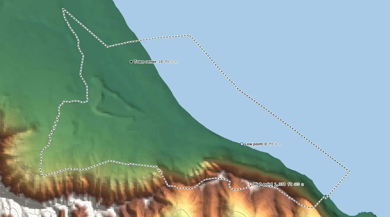 Topographic elevation map of Waimanalo Beach, Hawaii, shaded from sea level level on Waimanalo Bay to 1,330 ft on the southeast side