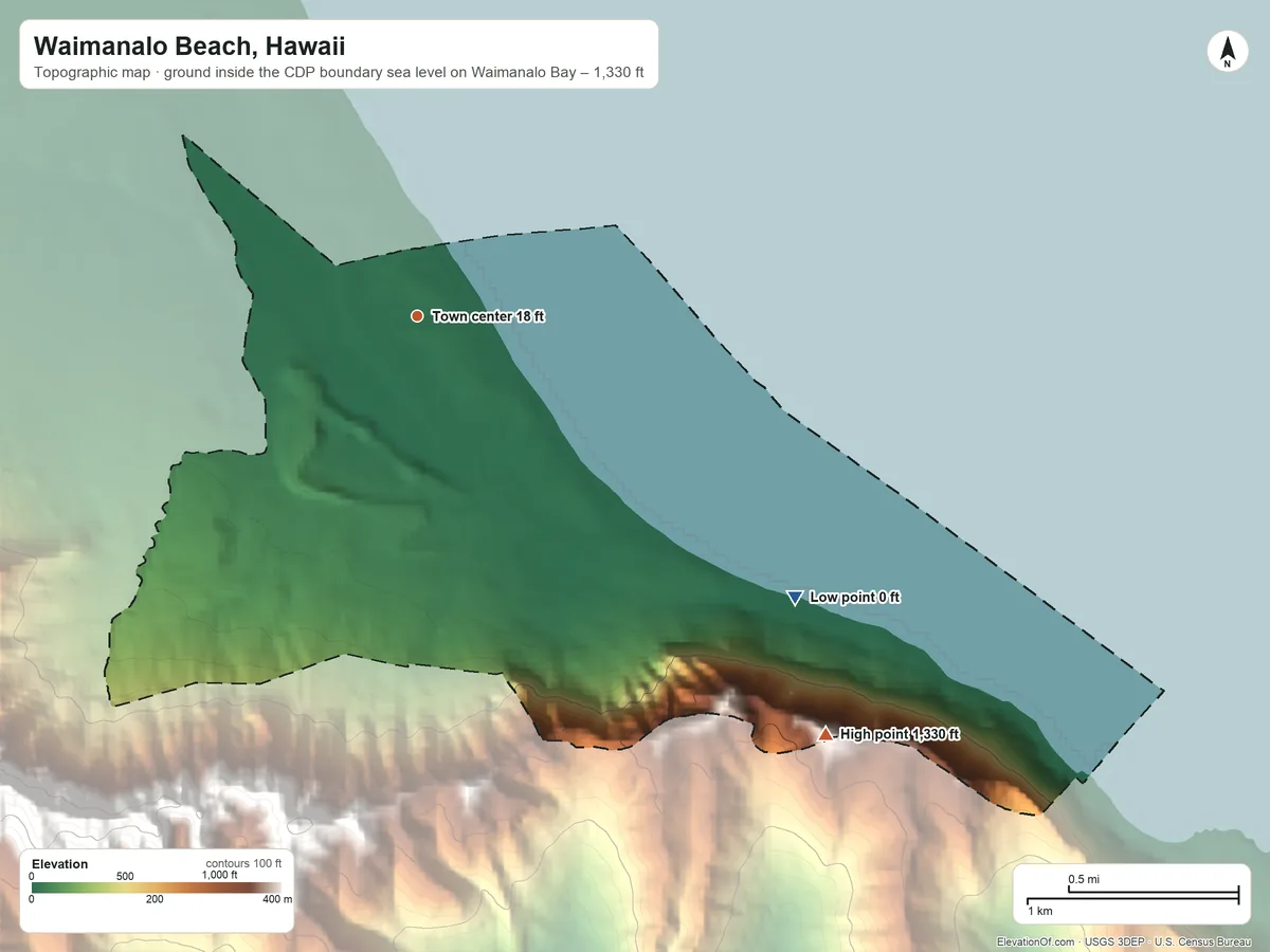 Topographic elevation map of Waimanalo Beach, Hawaii, shaded from sea level level on Waimanalo Bay to 1,330 ft on the southeast side