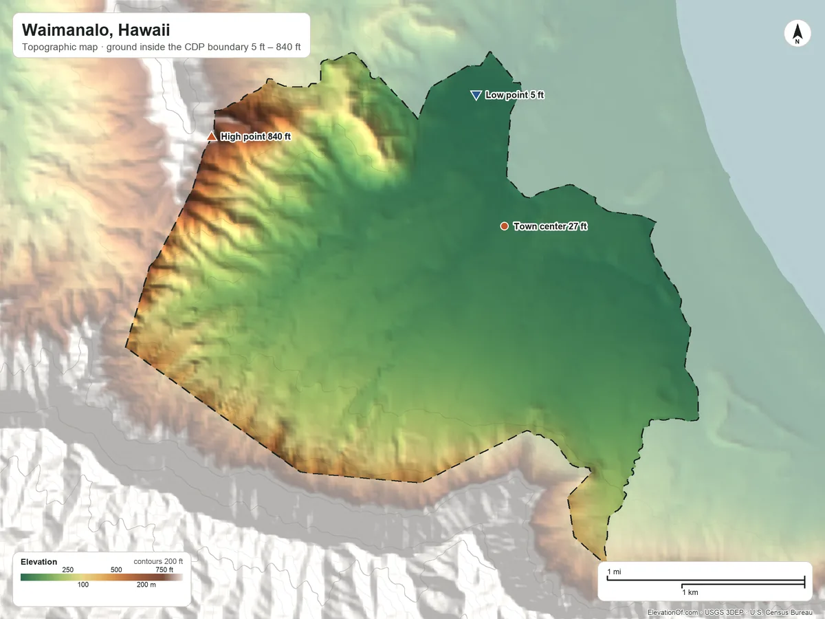 Topographic elevation map of Waimanalo, Hawaii, shaded from 5 ft on the north side to 840 ft at the foot of the Koʻolau Range