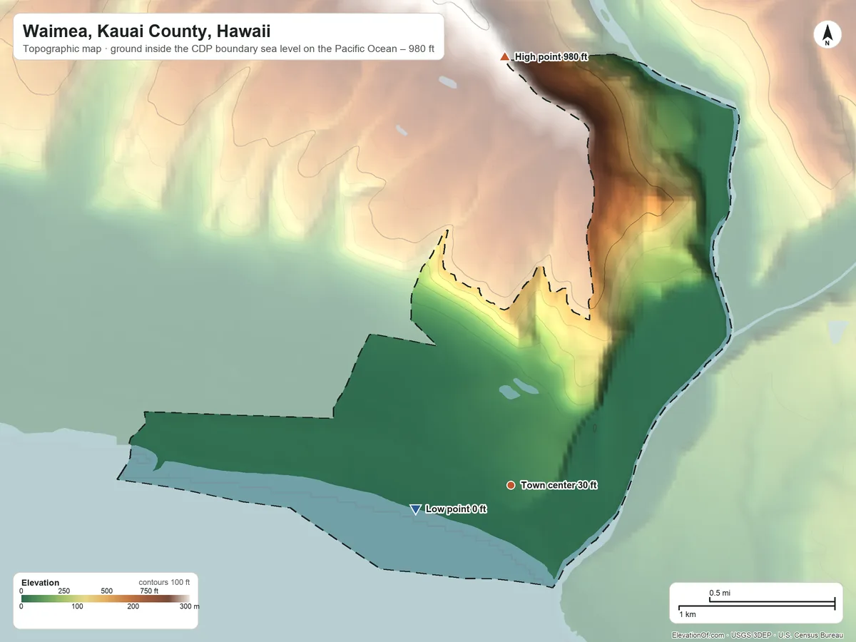 Topographic elevation map of Waimea, Kauai County, Hawaii, shaded from sea level level on the Pacific Ocean to 980 ft on the north edge, below higher ground just outside