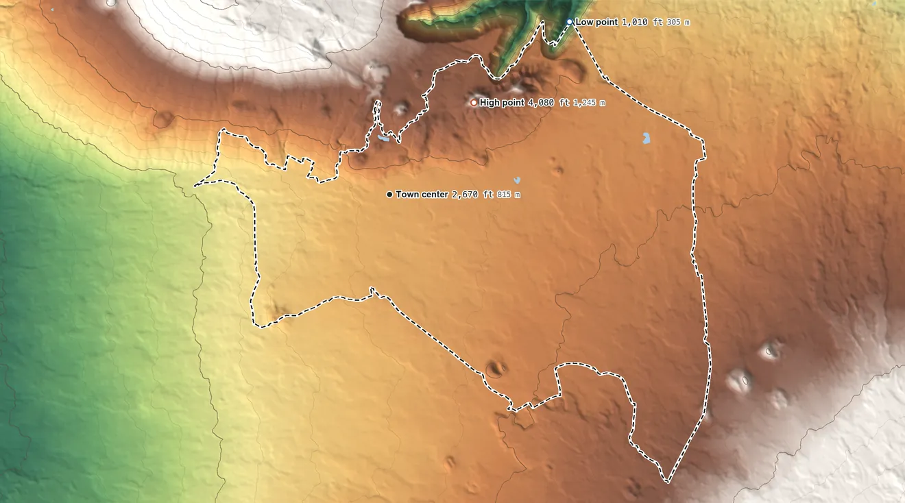 Topographic elevation map of Waimea, Hawaii, shaded from 1,010 ft on the northeast side to 4,080 ft on Hāloa