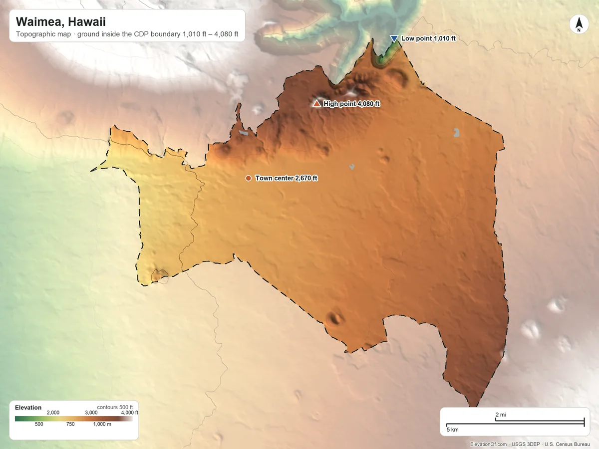 Topographic elevation map of Waimea, Hawaii, shaded from 1,010 ft on the northeast side to 4,080 ft on Hāloa