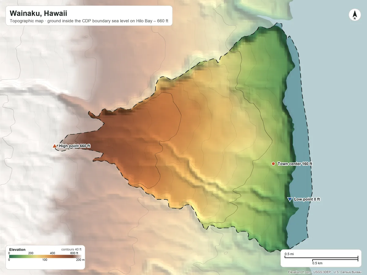 Topographic elevation map of Wainaku, Hawaii, shaded from sea level level on Hilo Bay to 660 ft on the west edge, below higher ground just outside