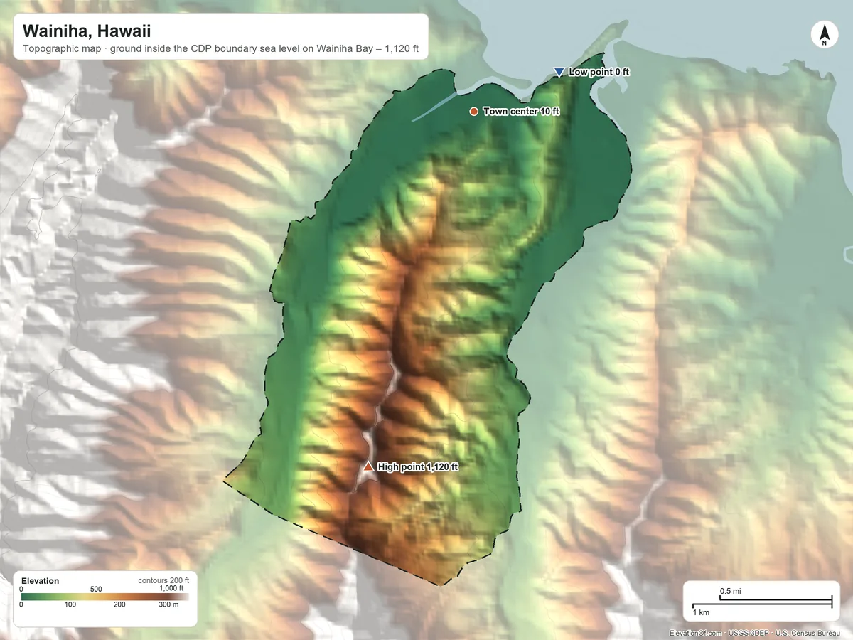 Topographic elevation map of Wainiha, Hawaii, shaded from sea level level on Wainiha Bay to 1,120 ft on ʻAikanaka