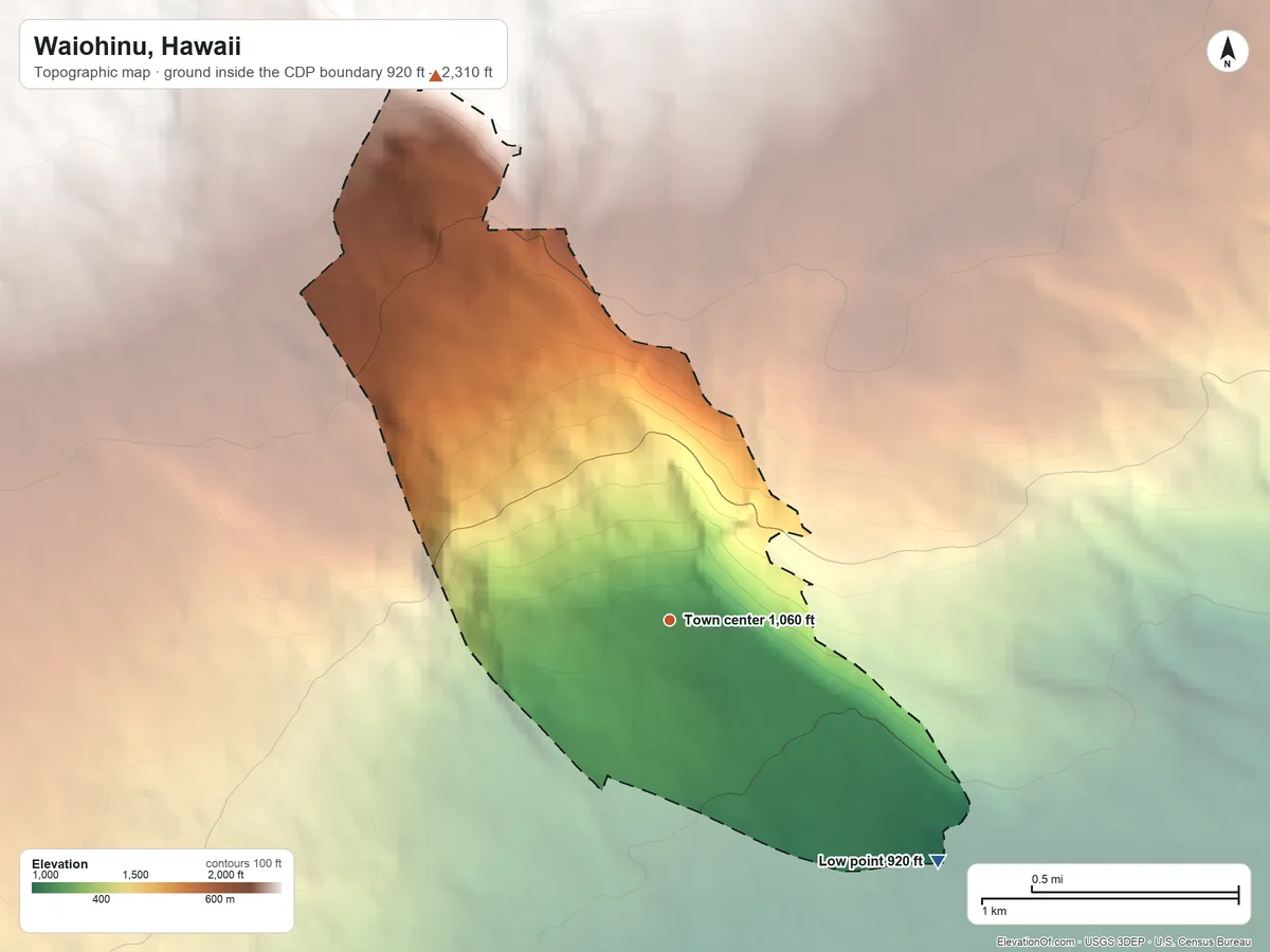 Topographic elevation map of Waiohinu, Hawaii, shaded from 920 ft on the southeast side to 2,310 ft on the northwest edge, below higher ground just outside