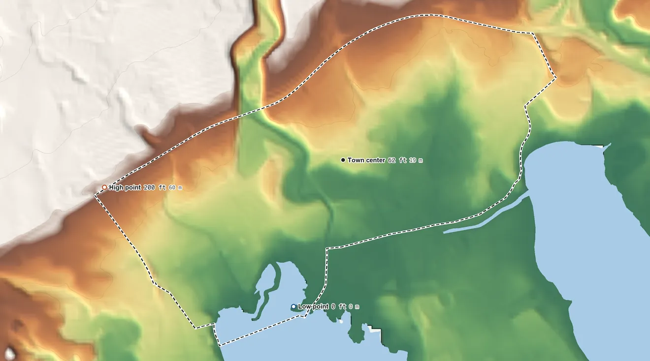Topographic elevation map of Waipahu, Hawaii, shaded from sea level level on West Loch Pearl Harbor to 200 ft at the foot of the Waiʻanae Range