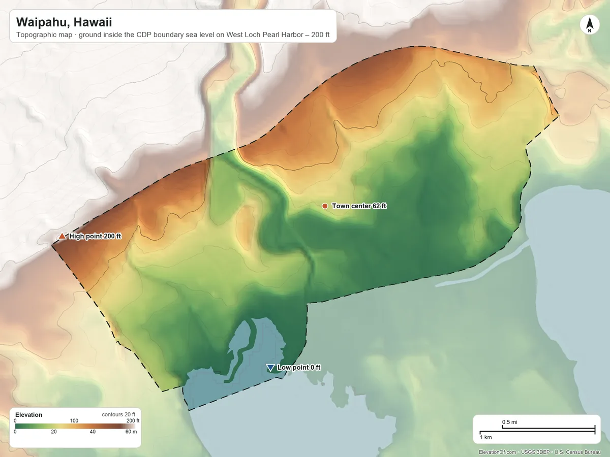Topographic elevation map of Waipahu, Hawaii, shaded from sea level level on West Loch Pearl Harbor to 200 ft at the foot of the Waiʻanae Range
