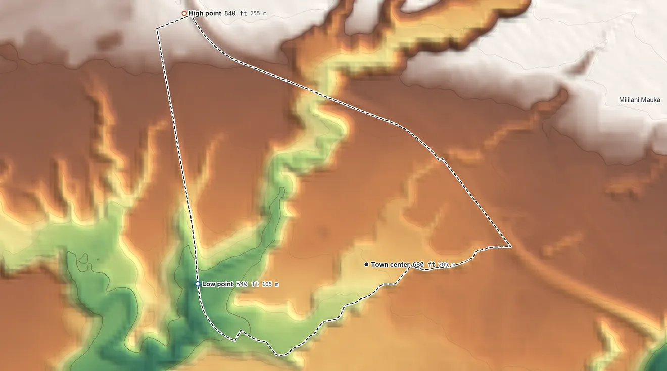 Topographic elevation map of Waipio Acres, Hawaii, shaded from 540 ft on the west side to 840 ft on the northwest side