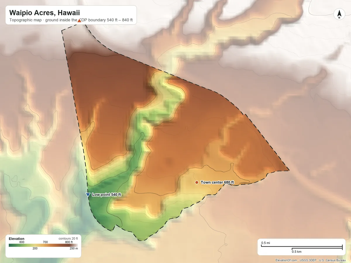Topographic elevation map of Waipio Acres, Hawaii, shaded from 540 ft on the west side to 840 ft on the northwest side