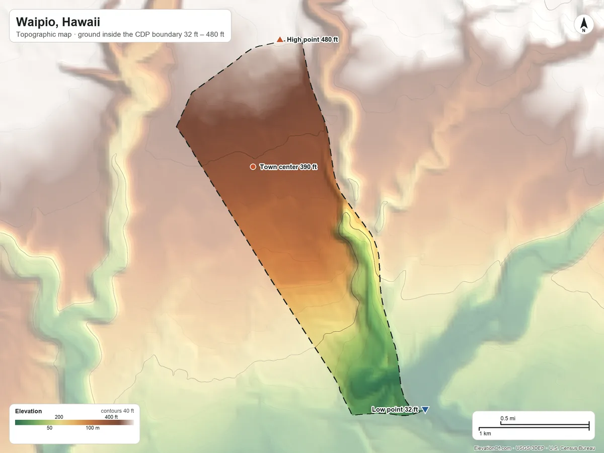 Topographic elevation map of Waipio, Hawaii, shaded from 32 ft on the southeast side to 480 ft on the north side