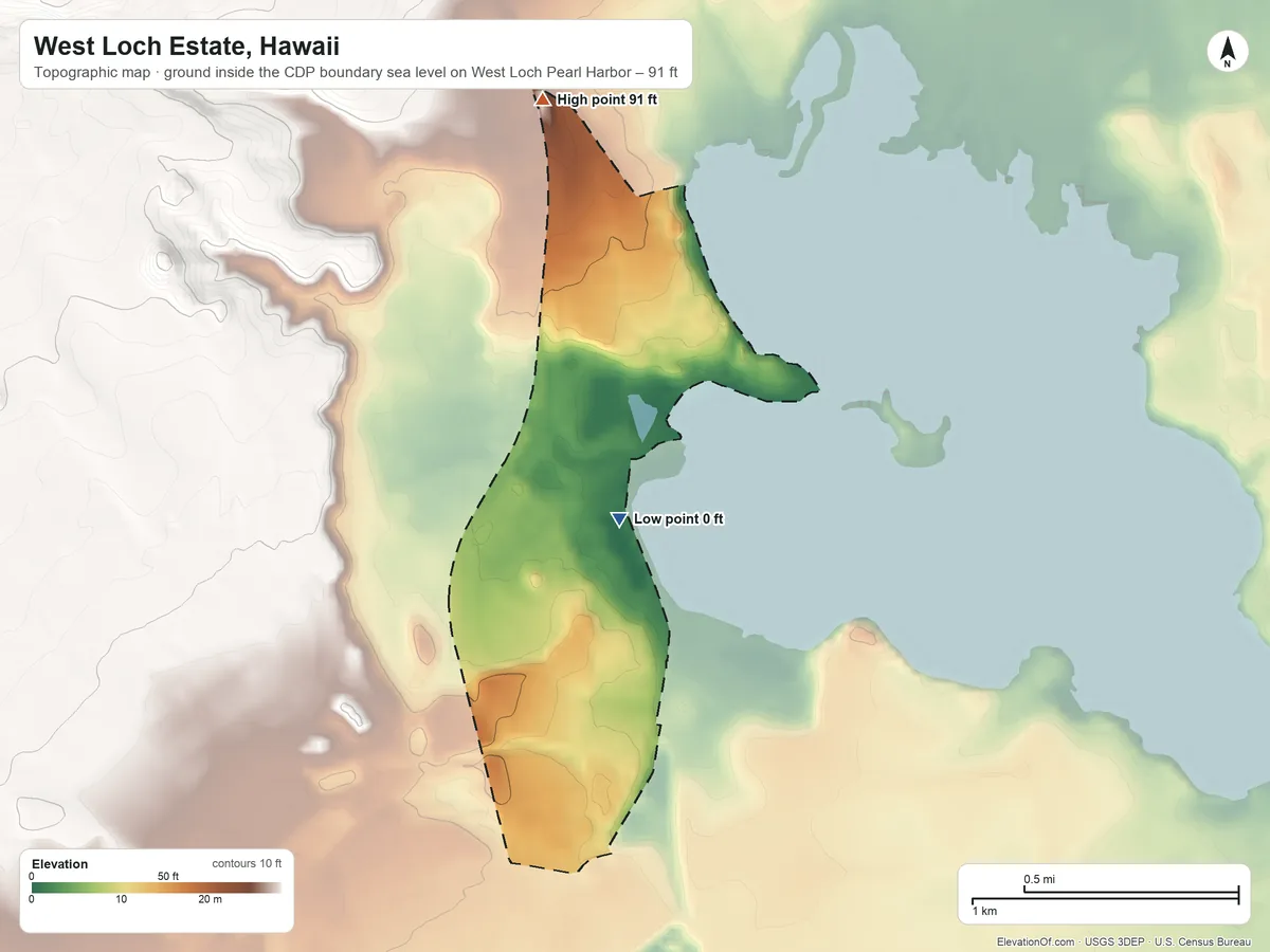 Topographic elevation map of West Loch Estate, Hawaii, shaded from sea level level on West Loch Pearl Harbor to 91 ft at the foot of the Waiʻanae Range