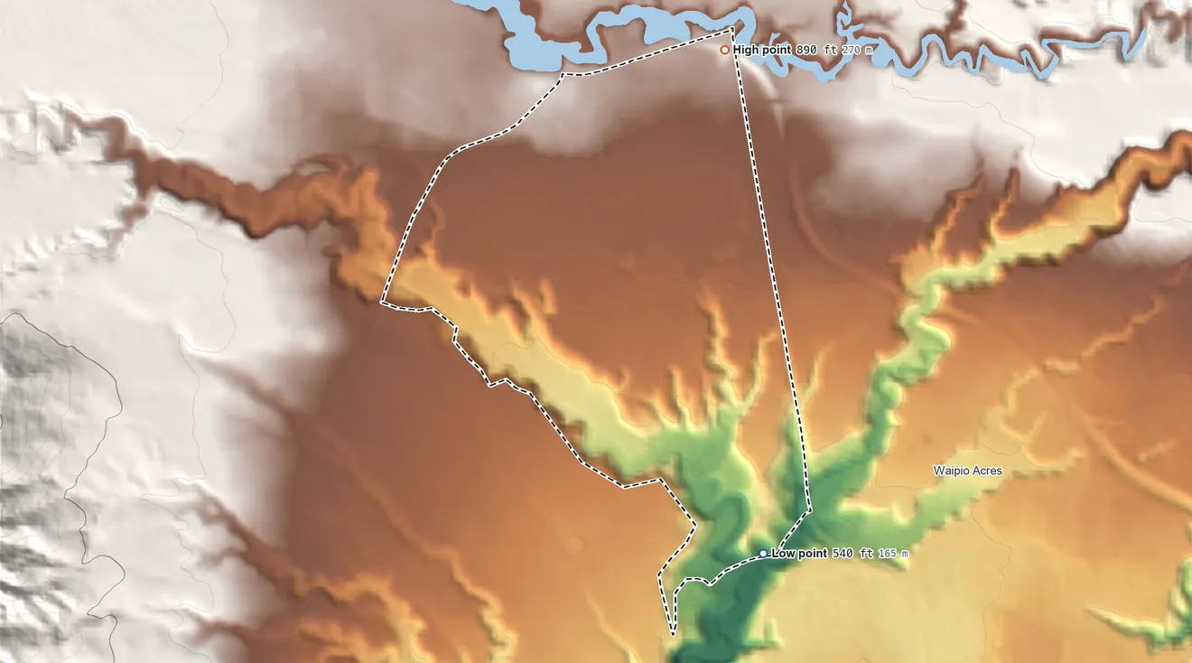 Topographic elevation map of Wheeler AFB, Hawaii, shaded from 540 ft on the southeast side to 890 ft on the northeast side