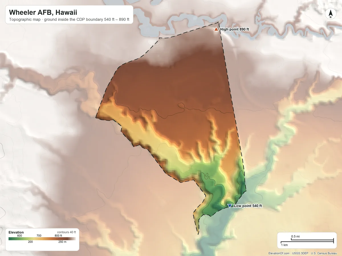 Topographic elevation map of Wheeler AFB, Hawaii, shaded from 540 ft on the southeast side to 890 ft on the northeast side