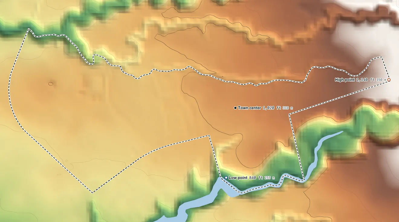 Topographic elevation map of Whitmore Village, Hawaii, shaded from 840 ft on the south side to 1,140 ft on the east side