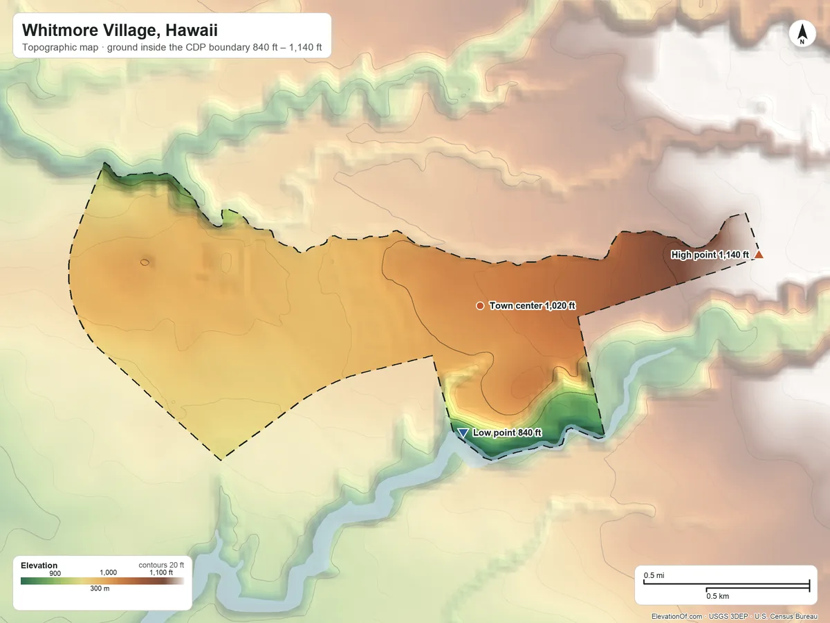Topographic elevation map of Whitmore Village, Hawaii, shaded from 840 ft on the south side to 1,140 ft on the east side