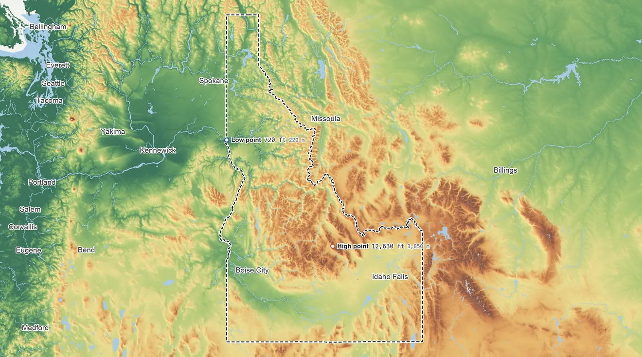 Topographic elevation map of Idaho, shaded from 720 ft on the northwest side to 12,630 ft on Borah Peak