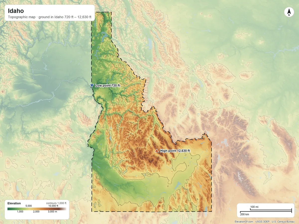 Topographic elevation map of Idaho, shaded from 720 ft on the northwest side to 12,630 ft on Borah Peak