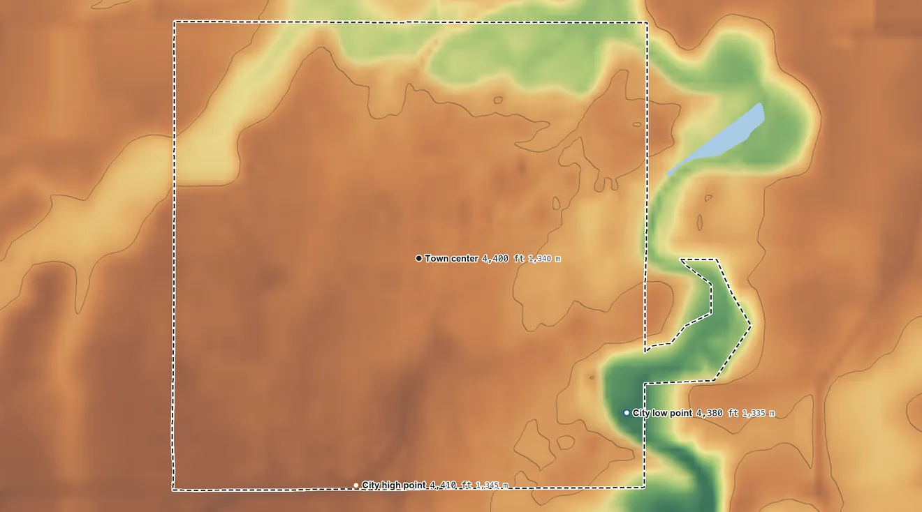 Topographic elevation map of Aberdeen, Idaho, shaded from 4,380 ft on the southeast side to 4,410 ft on the south side