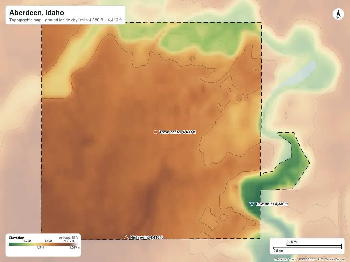 Topographic elevation map of Aberdeen, Idaho, shaded from 4,380 ft on the southeast side to 4,410 ft on the south side