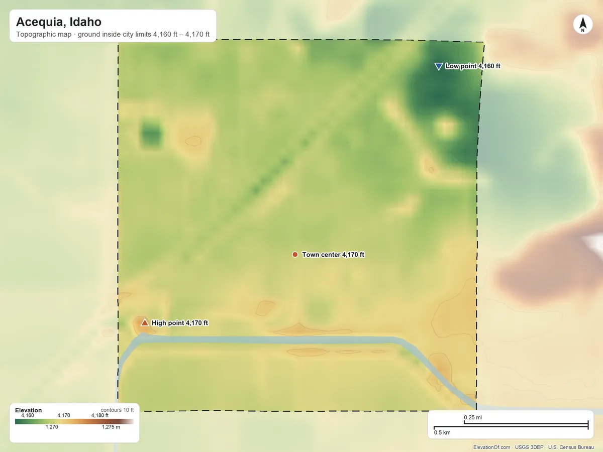 Topographic elevation map of Acequia, Idaho, shaded from 4,160 ft on the northeast side to 4,170 ft on the southwest side