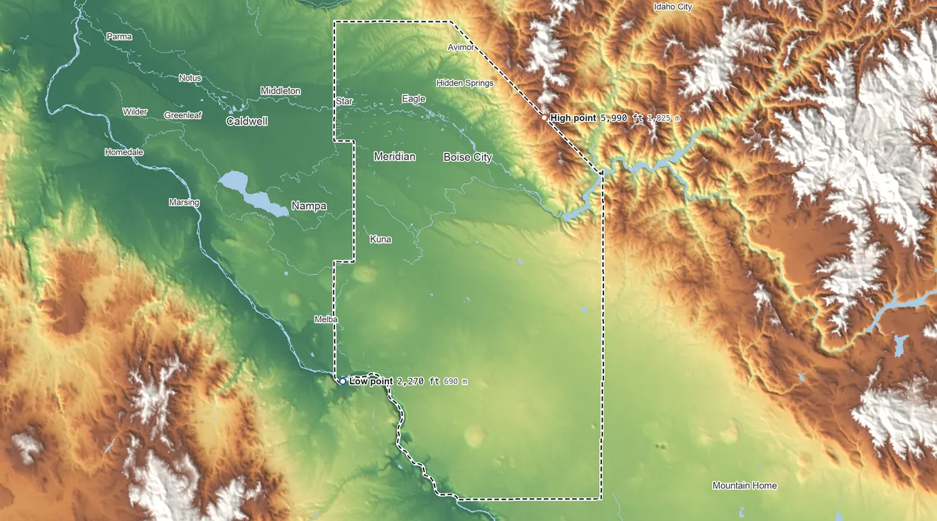 Topographic elevation map of Ada County, Idaho, shaded from 2,270 ft on the southwest side to 5,990 ft on the northeast side