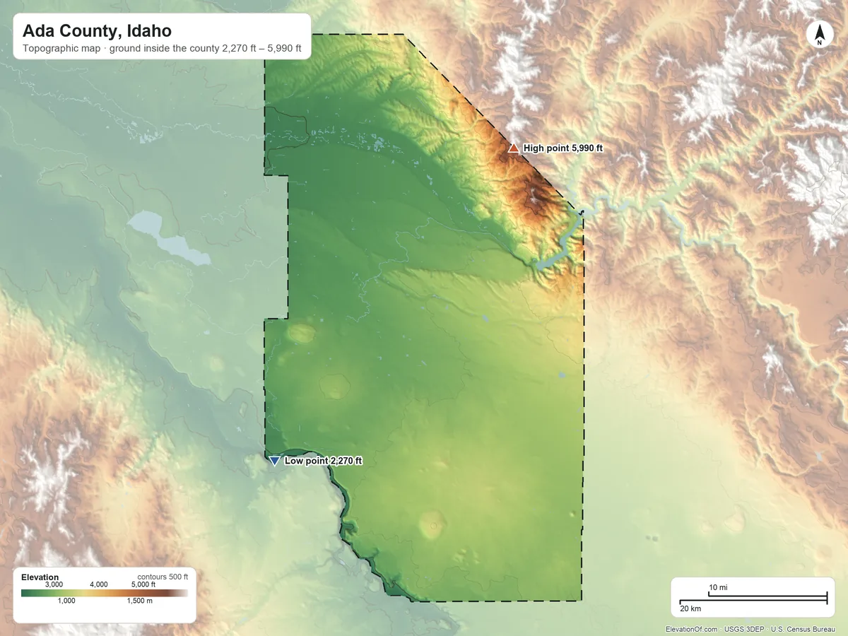 Topographic elevation map of Ada County, Idaho, shaded from 2,270 ft on the southwest side to 5,990 ft on the northeast side
