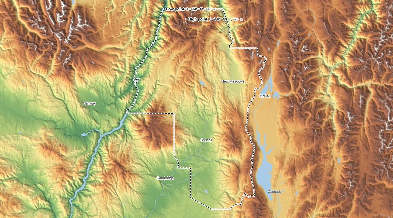 Topographic elevation map of Adams County, Idaho, shaded from 1,460 ft on the north side to 8,940 ft on Monument Peak