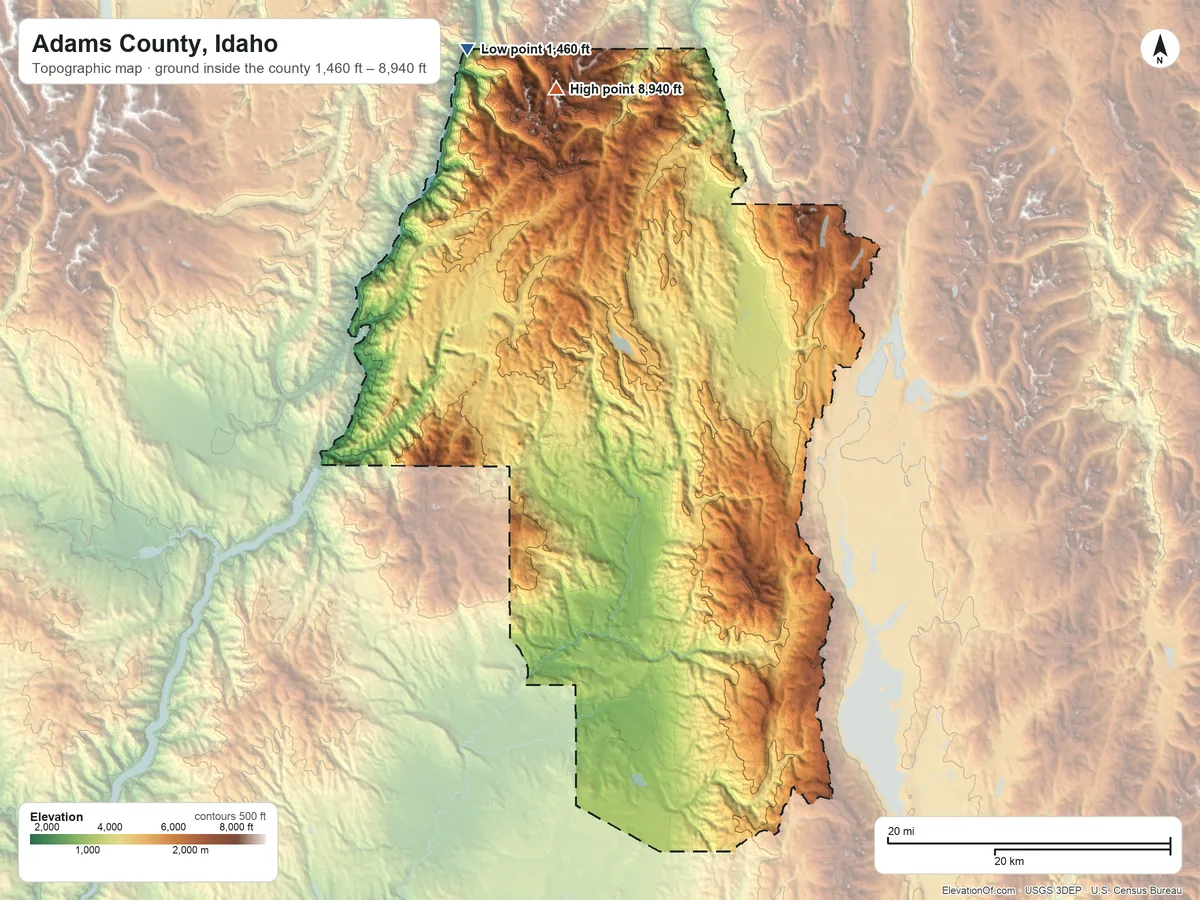 Topographic elevation map of Adams County, Idaho, shaded from 1,460 ft on the north side to 8,940 ft on Monument Peak