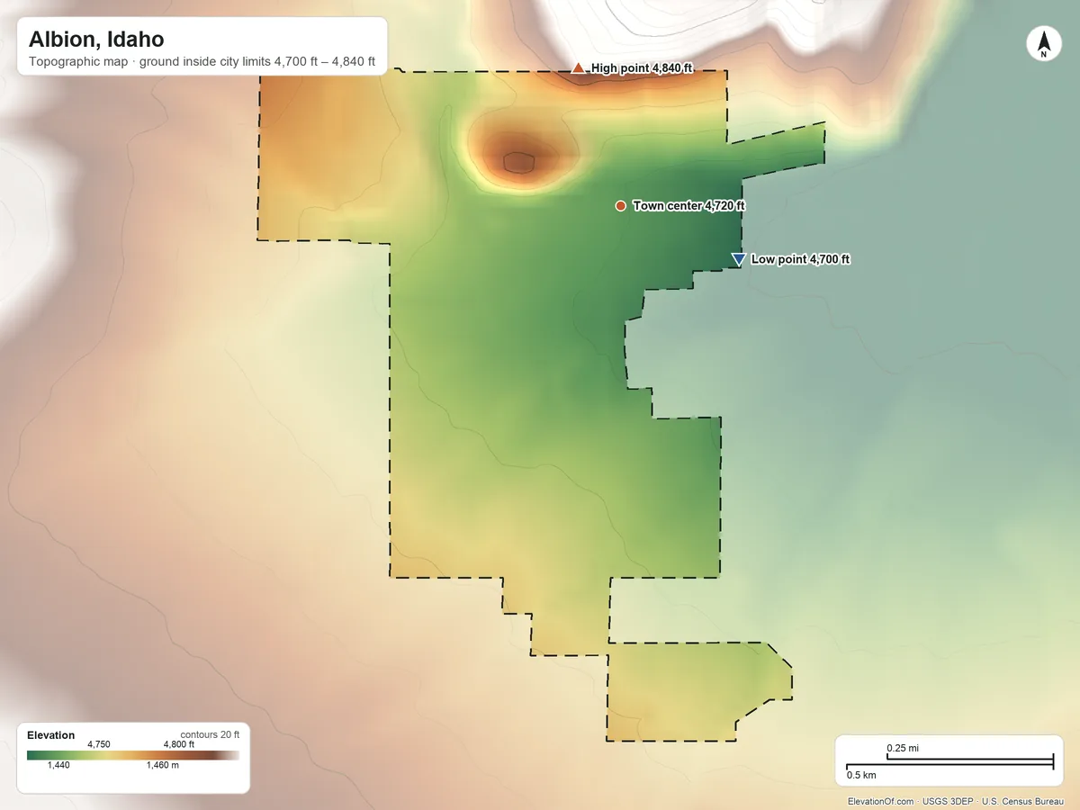 Topographic elevation map of Albion, Idaho, shaded from 4,700 ft on the southeast side to 4,840 ft at the foot of the East Hills